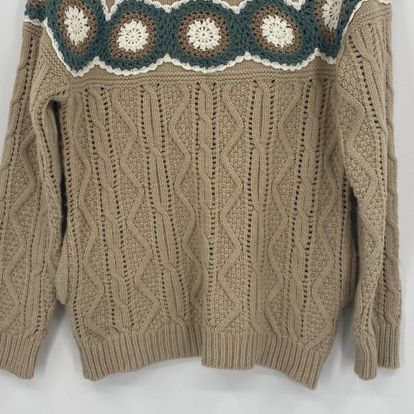 Listicle Sweater Women's Small Tan Chunky Cable Knit Crochet Embroidery Pockets - Picture 8 of 10